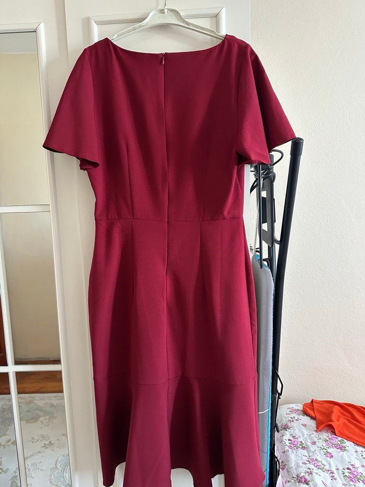 Bordo Midi Drapeli Kısa Kollu Elbise - Görsel 4