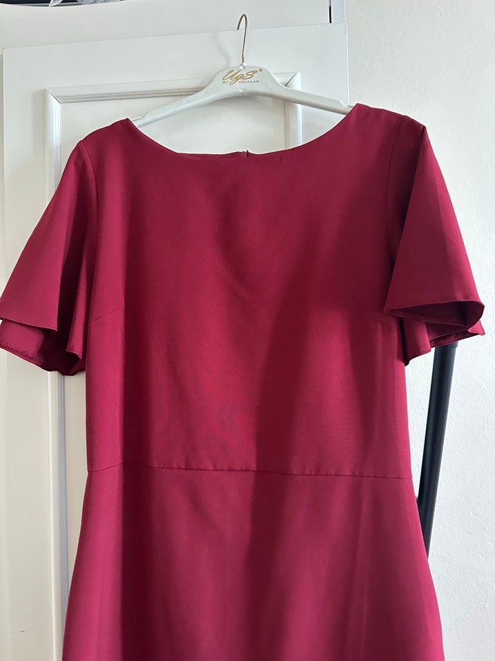 Bordo Midi Drapeli Kısa Kollu Elbise - Görsel 3