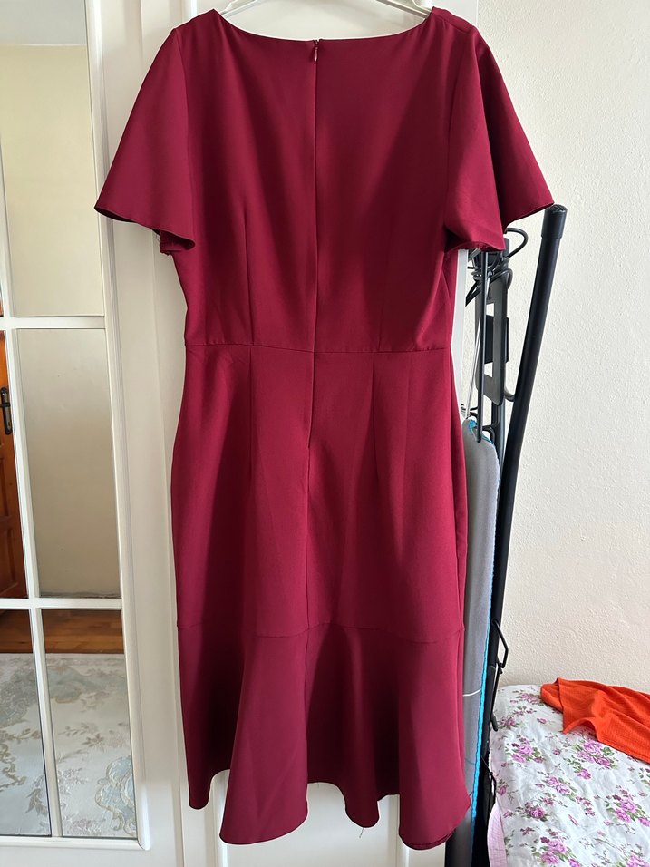 Bordo Midi Drapeli Kısa Kollu Elbise - Görsel 5