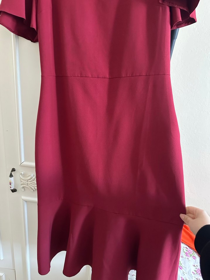 Bordo Midi Drapeli Kısa Kollu Elbise - Görsel 2