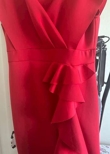 Kırmızı V Yaka Fırfırlı Mini Kalem Elbise - Görsel 4