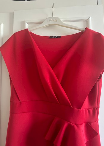 Kırmızı V Yaka Fırfırlı Mini Kalem Elbise - Görsel 5