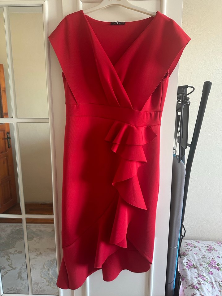 Kırmızı V Yaka Fırfırlı Mini Kalem Elbise - Görsel 3