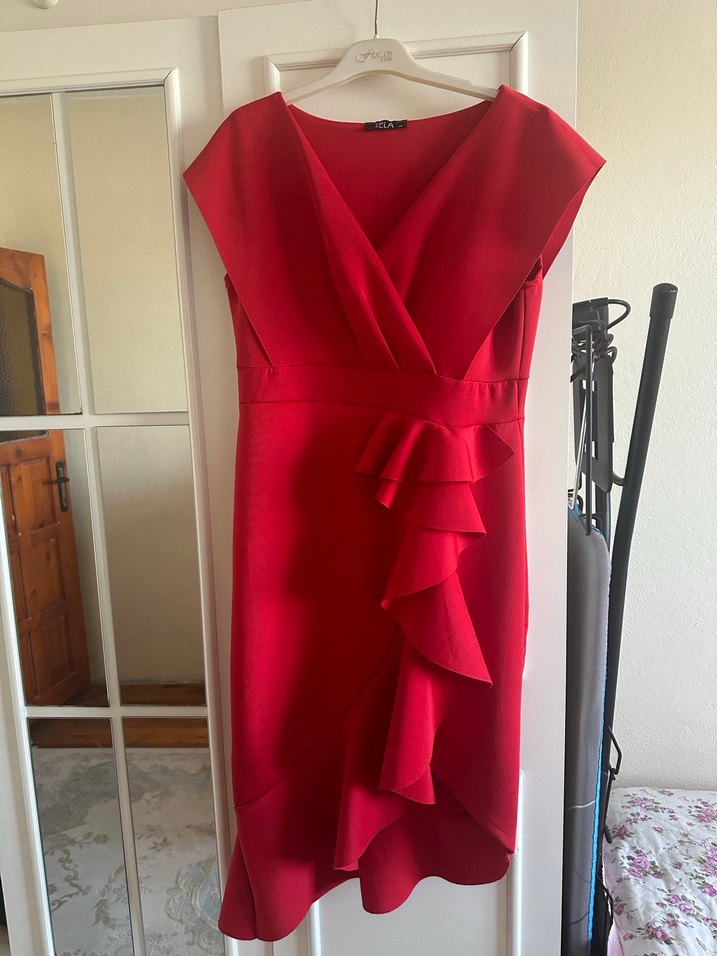 Kırmızı V Yaka Fırfırlı Mini Kalem Elbise - Görsel 2