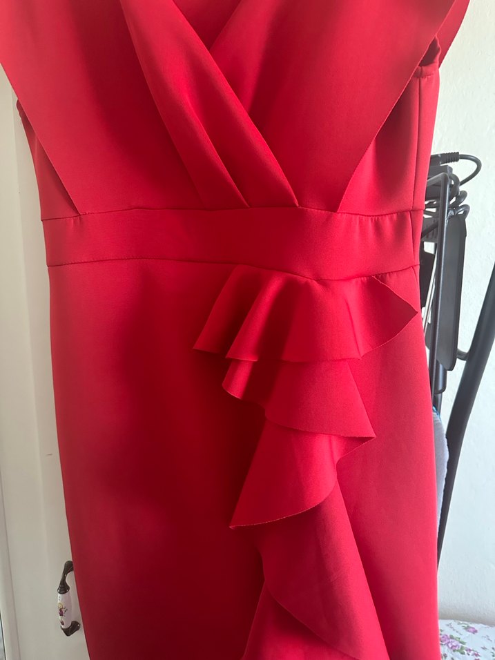 Kırmızı V Yaka Fırfırlı Mini Kalem Elbise - Görsel 4