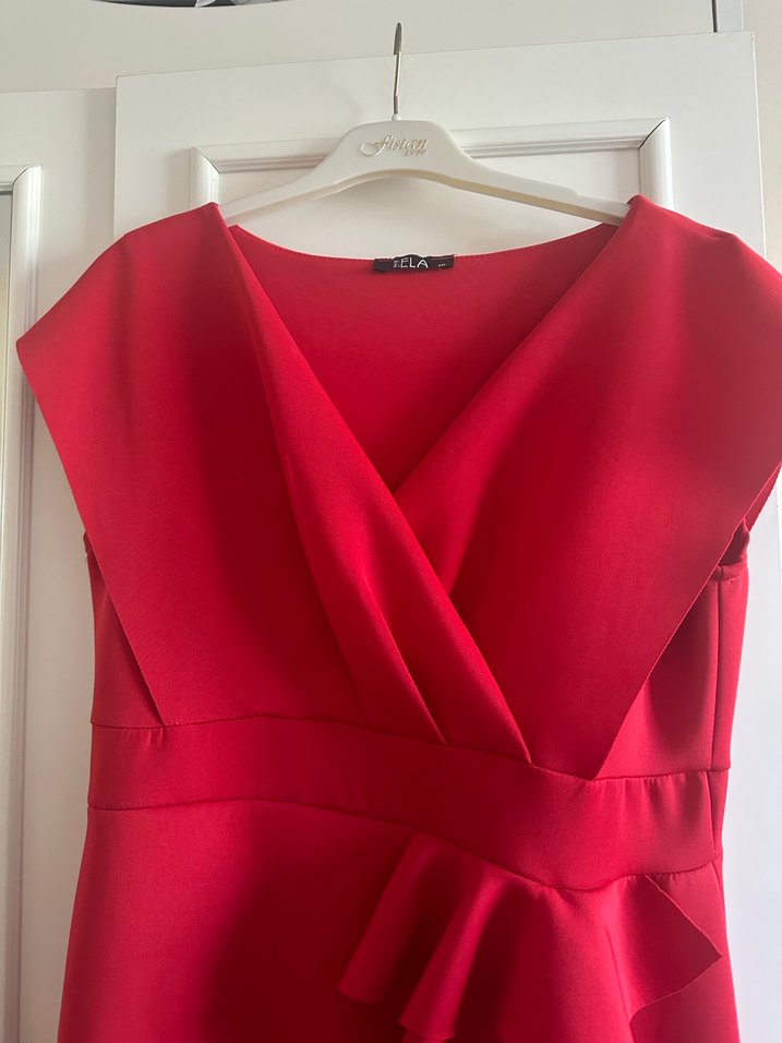 Kırmızı V Yaka Fırfırlı Mini Kalem Elbise - Görsel 5