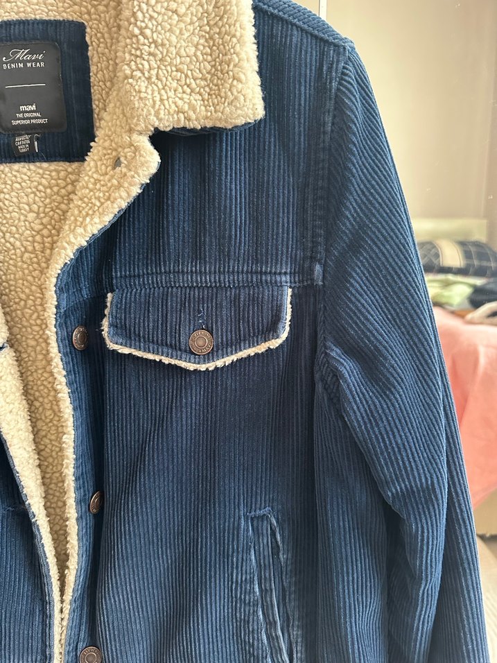 Düğmeli Mavi Kadife Kadın Ceket - Görsel 2