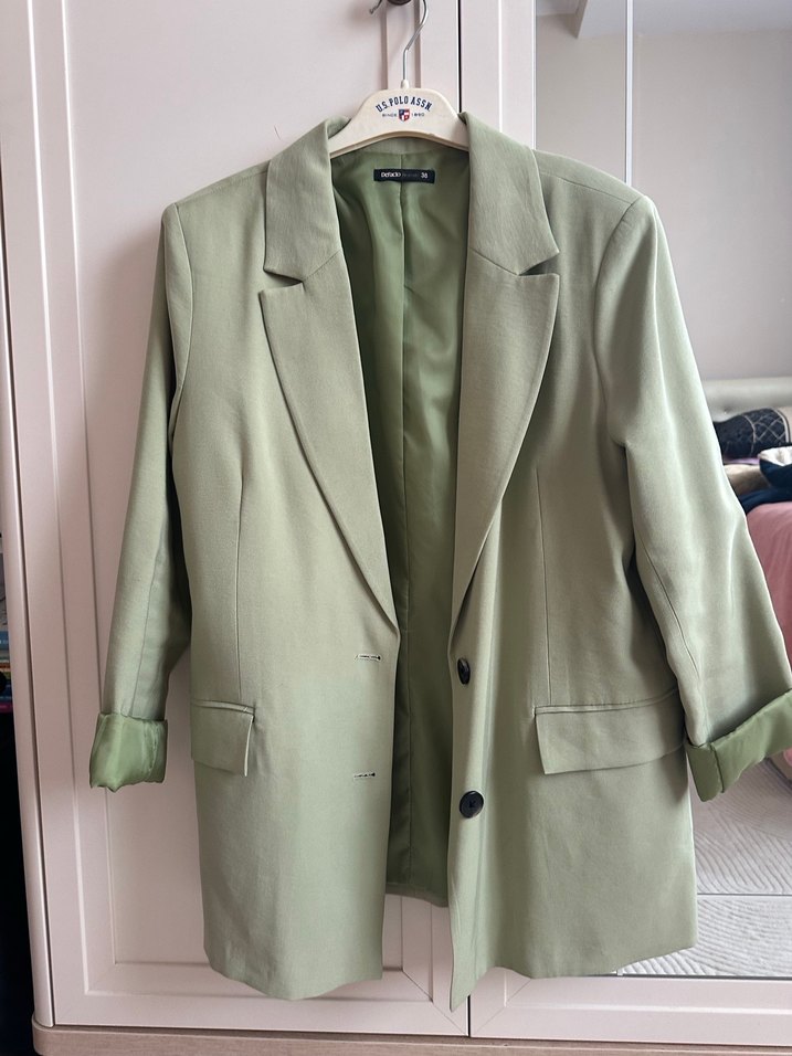 Kadın Haki Keten Tek Düğmeli Blazer Ceket - Görsel 2