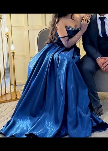 Zara lacivert straplez seyyar kollu saten abiye nişan elbisesi