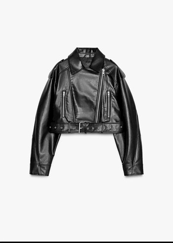 Kemerli Siyah Mini Deri Biker Ceket