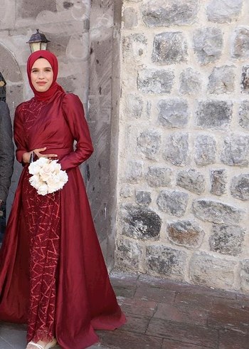 Bordo Parlak Etnik Desenli Tesettür Elbise - Görsel 8