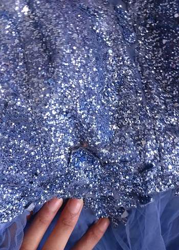 Uzun Kollu Mavi İşlemeli Nişan Elbisesi - Görsel 11