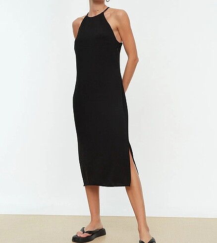 36 Beden Siyah halter yaka midi elbise