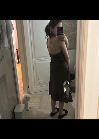 Zara Zara kahverengi midi boy boyundan bağlamalı elbise