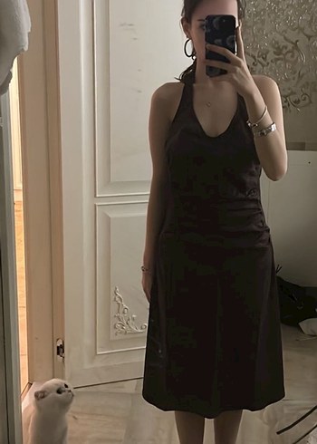 Zara kahverengi midi boy boyundan bağlamalı elbise