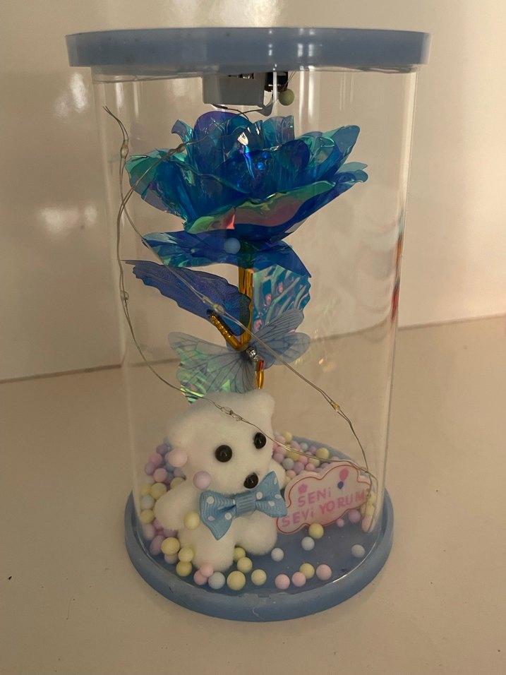 Renkli Mavi Gül ve Ayıcık Dekoratif Fanus - Görsel 3