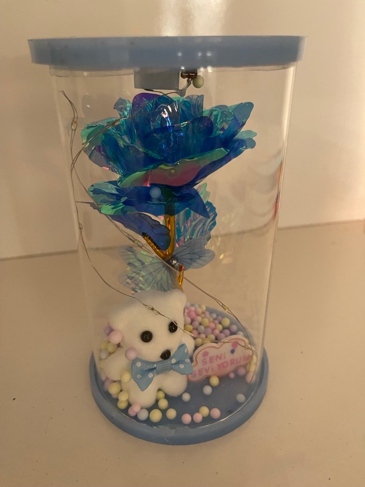 Renkli Mavi Gül ve Ayıcık Dekoratif Fanus - Görsel 2