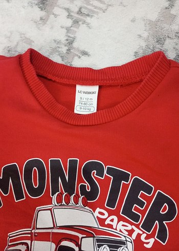 9-12 Ay Beden Kırmızı Erkek Çocuk Sweatshirt Monster Baskılı