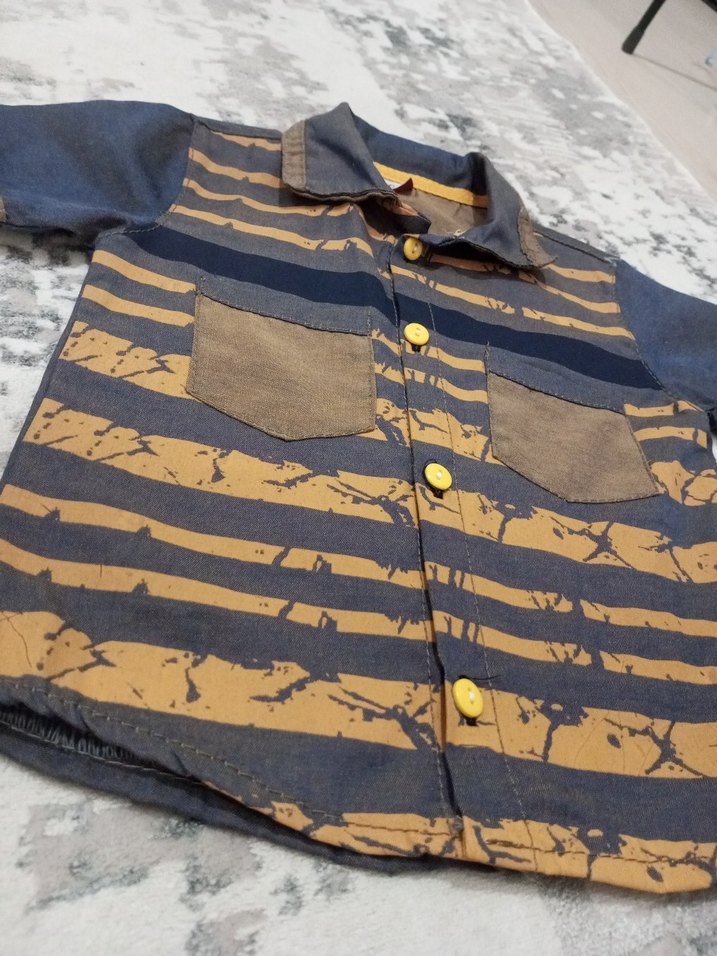 kendinden renkli kumaşlı lacivert sarı renkli yazlık gömlek - Görsel 3