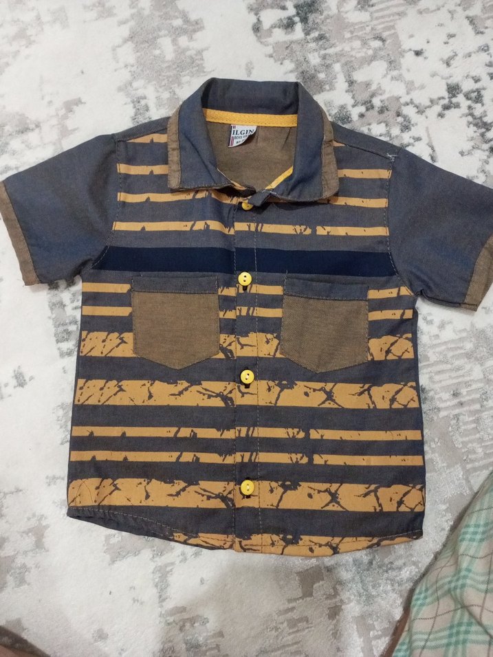 kendinden renkli kumaşlı lacivert sarı renkli yazlık gömlek - Görsel 2