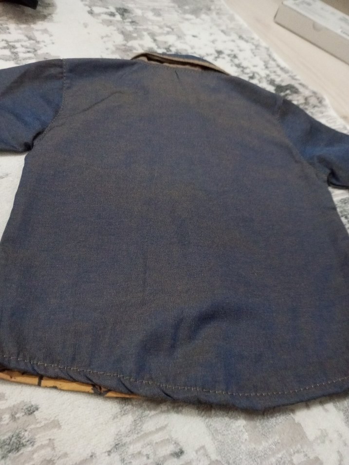 kendinden renkli kumaşlı lacivert sarı renkli yazlık gömlek - Görsel 5