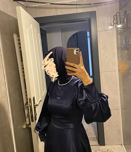 Abiye Lacivert Saten Modest Abiye