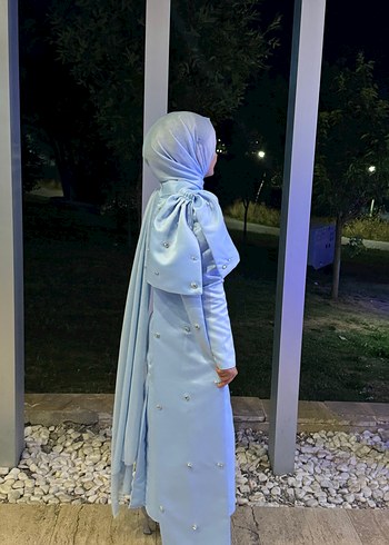 s Beden Uzun Kol, Yüksek Yakalı Mavi Kadın elbise