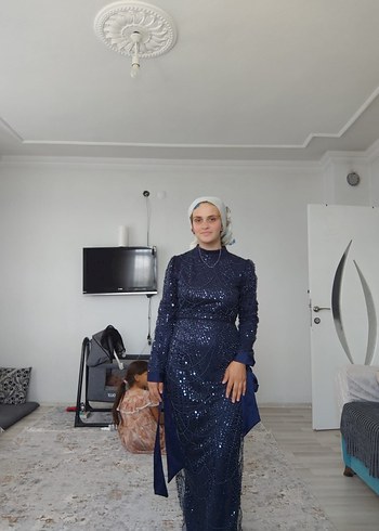 Parlak Lacivert Drapeli Uzun Abiye