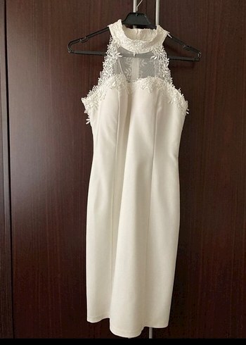 Dantel Detaylı Beyaz Midi Abiye Elbise nikah elbisesi