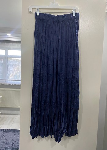 Navy Lacivert Pliseli Uzun Keten Etek - Görsel 3