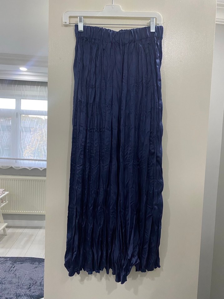 Navy Lacivert Pliseli Uzun Keten Etek - Görsel 3