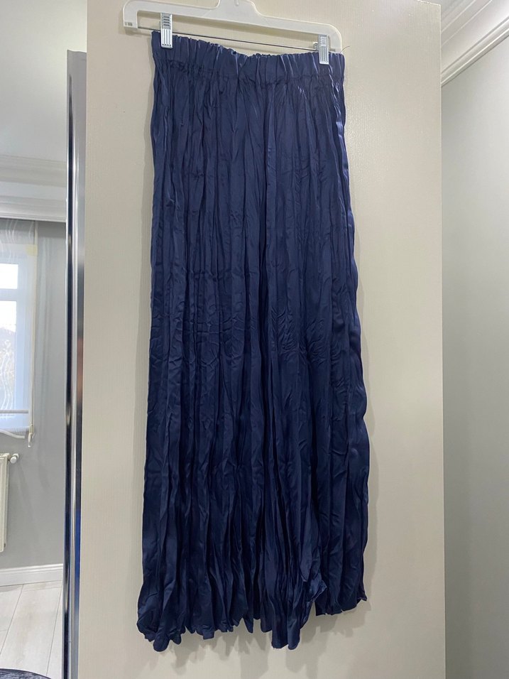 Navy Lacivert Pliseli Uzun Keten Etek - Görsel 2