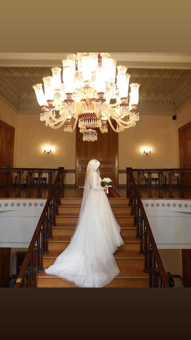 Uzun Kollu Yüksek Yakalı Prenses Tesettür Gelinlik - Görsel 2