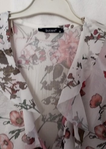 Çiçek Desenli V Yaka Uzun Kollu Beyaz Bluz - Görsel 4