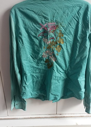 Düğmeli Turkuaz Uzun Kollu Denim Gömlek - Görsel 2