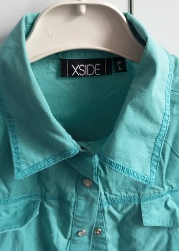 Düğmeli Turkuaz Uzun Kollu Denim Gömlek - Görsel 3