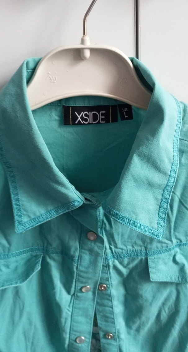 Düğmeli Turkuaz Uzun Kollu Denim Gömlek - Görsel 3