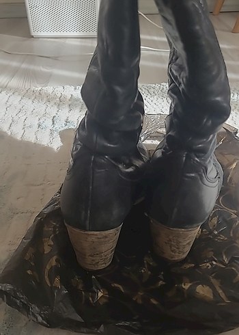 Kadın Siyah Deri Dizüstü Goth Dolgu Topuklu Bot - Görsel 3