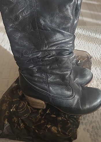 Kadın Siyah Deri Dizüstü Goth Dolgu Topuklu Bot - Görsel 4