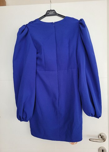 Düğmeli V Yaka Mavi Mini Elbise - Görsel 2