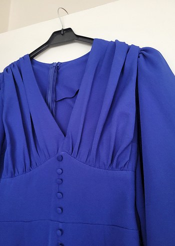 Düğmeli V Yaka Mavi Mini Elbise - Görsel 5