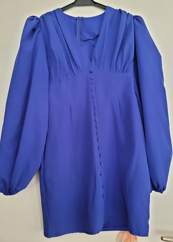 Düğmeli V Yaka Mavi Mini Elbise - Görsel 7