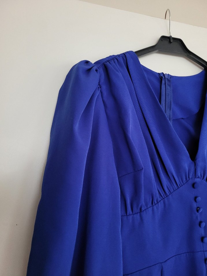 Düğmeli V Yaka Mavi Mini Elbise - Görsel 4