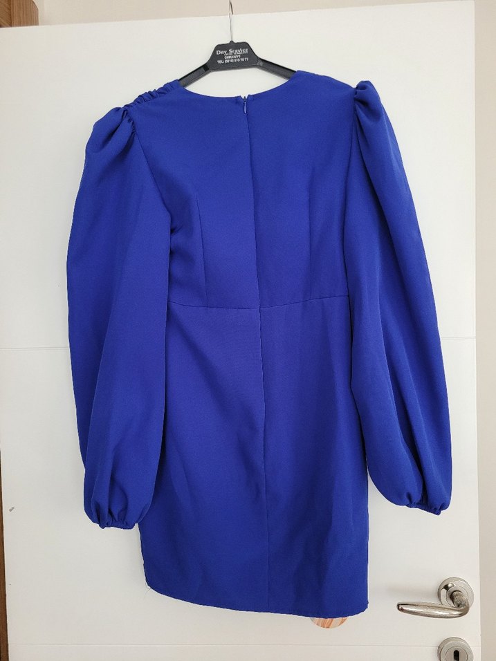 Düğmeli V Yaka Mavi Mini Elbise - Görsel 2