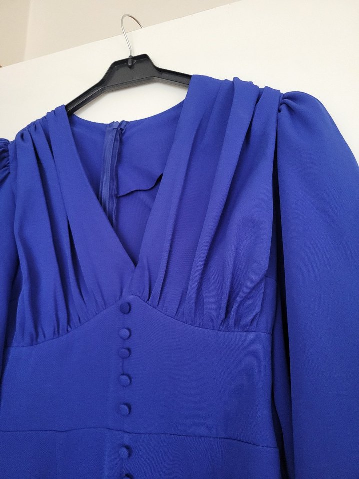 Düğmeli V Yaka Mavi Mini Elbise - Görsel 5