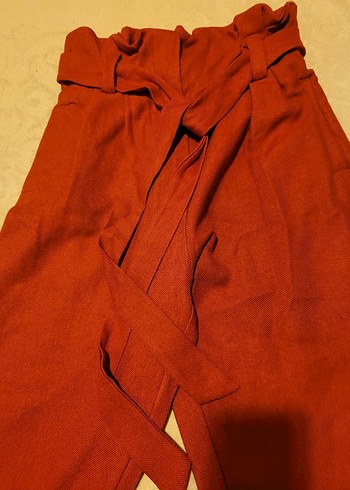 Kemerli Kahverengi Keten Kadın Pantolon - Görsel 2