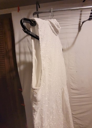 Düğmeli Beyaz Keten Bohem Uzun Elbise - Görsel 3