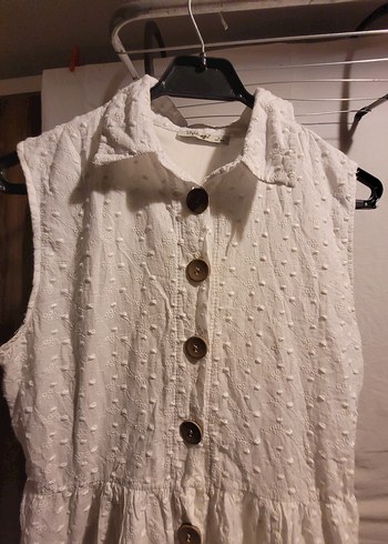 Düğmeli Beyaz Keten Bohem Uzun Elbise - Görsel 5