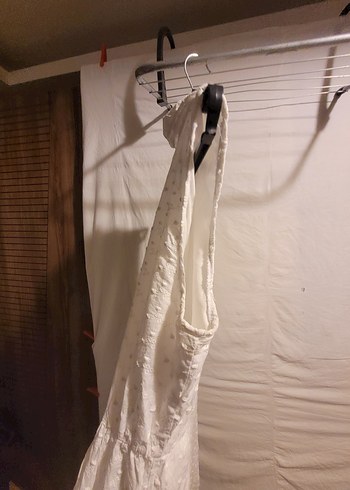 Düğmeli Beyaz Keten Bohem Uzun Elbise - Görsel 4