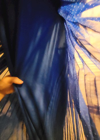 Mavi Pilili Puantiyeli Uzun Kadın Elbise - Görsel 11